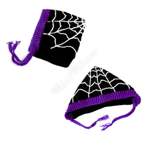 Black crochet elf hood with white cobweb design and purple ribbed section and neck tie. Spider Web Pixie Hood (Custom Colour) by VelvetVolcano