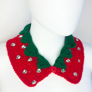 Strawberry Collar - Detachable Cute & Sparkly Crochet Peter Pan Collar with Leaves and Rhinestone Seeds