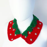 Strawberry Collar - Detachable Cute & Sparkly Crochet Peter Pan Collar with Leaves and Rhinestone Seeds