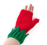 Red and Green Strawberry Fingerless Gloves with Rhinestone Seeds and Leaf Detail on the cuffs. Strawberry Fingerless Gloves (Custom Colour) by VelvetVolcano