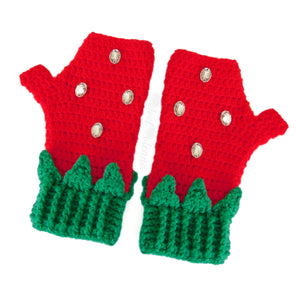 Red and Green Strawberry Fingerless Gloves with Rhinestone Seeds and Leaf Detail on the cuffs. Strawberry Fingerless Gloves (Custom Colour) by VelvetVolcano