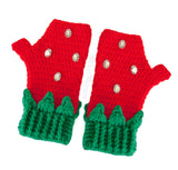 Red and Green Strawberry Fingerless Gloves with Rhinestone Seeds and Leaf Detail on the cuffs. Strawberry Fingerless Gloves (Custom Colour) by VelvetVolcano