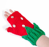 Red and Green Strawberry Fingerless Gloves with Rhinestone Seeds and Leaf Detail on the cuffs. Strawberry Fingerless Gloves (Custom Colour) by VelvetVolcano