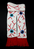 Eye See You Scarf - White Wraparound Crochet Winter Scarf with Spooky Eyeball Pattern and Red Tassels by VelvetVolcano