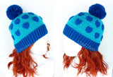 Turquoise & Royal Blue Heart Print Pom Pom Acrylic Crochet Beanie by VelvetVolcano