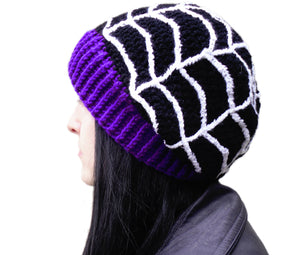 Black crochet slouchy beanie with white spider web detail and violet ribbed brim by VelvetVolcano