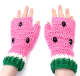 Bubblegum Pink, White and Emerald Green Fruit Themed Melon Hand Warmers. Watermelon Fingerless Gloves (Custom Colour) by VelvetVolcano