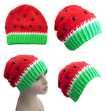 Rose red, white and neon green crochet slouch hat in a fruit / melon design with black rhinestone seeds. Watermelon Slouchy Beanie (Custom Colour) by VelvetVolcano