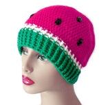 Cerise / Hot Pink, White and Emerald Green crochet watermelon themed hat with black rhinestone seeds. Watermelon Beanie (Custom Colour) by VelvetVolcano