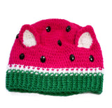 Hot pink, white and emerald green melon themed cat ear hat with black rhinestone seeds. Watermelon Kitty Beanie (Custom Colour) by VelvetVolcano