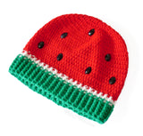 Rose Red, White and Emerald Green crochet watermelon themed hat with black rhinestone seeds. Watermelon Beanie (Custom Colour) by VelvetVolcano