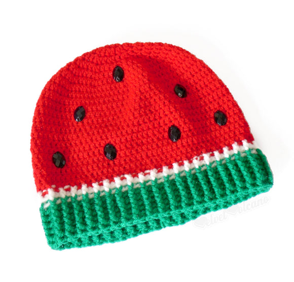 Rose Red, White and Emerald Green crochet watermelon themed hat with black rhinestone seeds. Watermelon Beanie (Custom Colour) by VelvetVolcano 