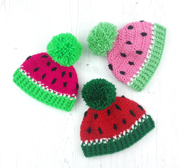 Watermelon Pom Pom Beanie Hats for Babies and Children in Neon Pink & Neon Green, Red & Emerald and Bubblegum Pink & Spearmint (Pastel Green)