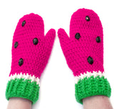 Neon Pink, white and neon green fruit inspired melon hand warmers with black rhinestone seeds. Watermelon Mittens (Custom Colour) by VelvetVolcano