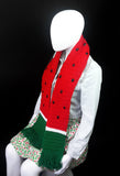Rose red, white and emerald green crochet fruit themed scarf with tassels and black rhinestone seeds. Watermelon Scarf (Custom Colour) by VelvetVolcano