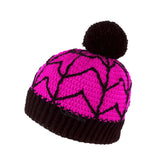 Neon Pink crochet bobble hat with black cobweb design and black pom pom and bottom rib. Spider Web Pom Pom Beanie (Custom Colour) by VelvetVolcano