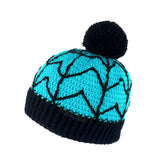 Turquoise crochet bobble hat with black cobweb design and black pom pom and bottom rib. Spider Web Pom Pom Beanie (Custom Colour) by VelvetVolcano