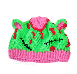 Zombie Kitty Beanie - Neon Green, Bubblegum Pink, Black and Red Crochet Zombie Hat with Cat Ears, made from 100% Acrylic Yarn by VelvetVolcano