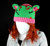 Zombie Kitty Beanie - Neon Green, Bubblegum Pink, Black and Red Crochet Zombie Hat with Cat Ears, Stitches and exposed BRAINS, made from 100% Acrylic Yarn by VelvetVolcano